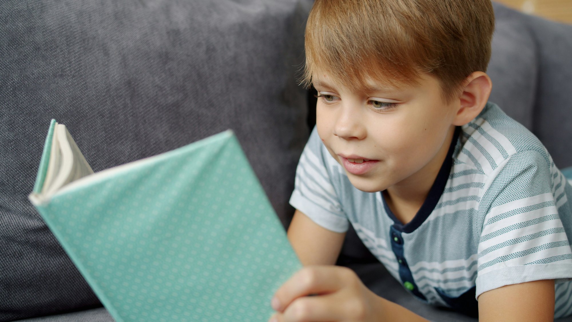 A young boy with light brown hair is reading an aqua-colored book with a focused expression. He wears a striped shirt and sits on a gray sofa.